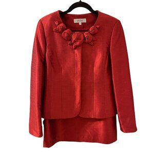 Kasper Women’s Red Skirt Suit – Floral Neckline Jacket & Matching Skirt – Size 8